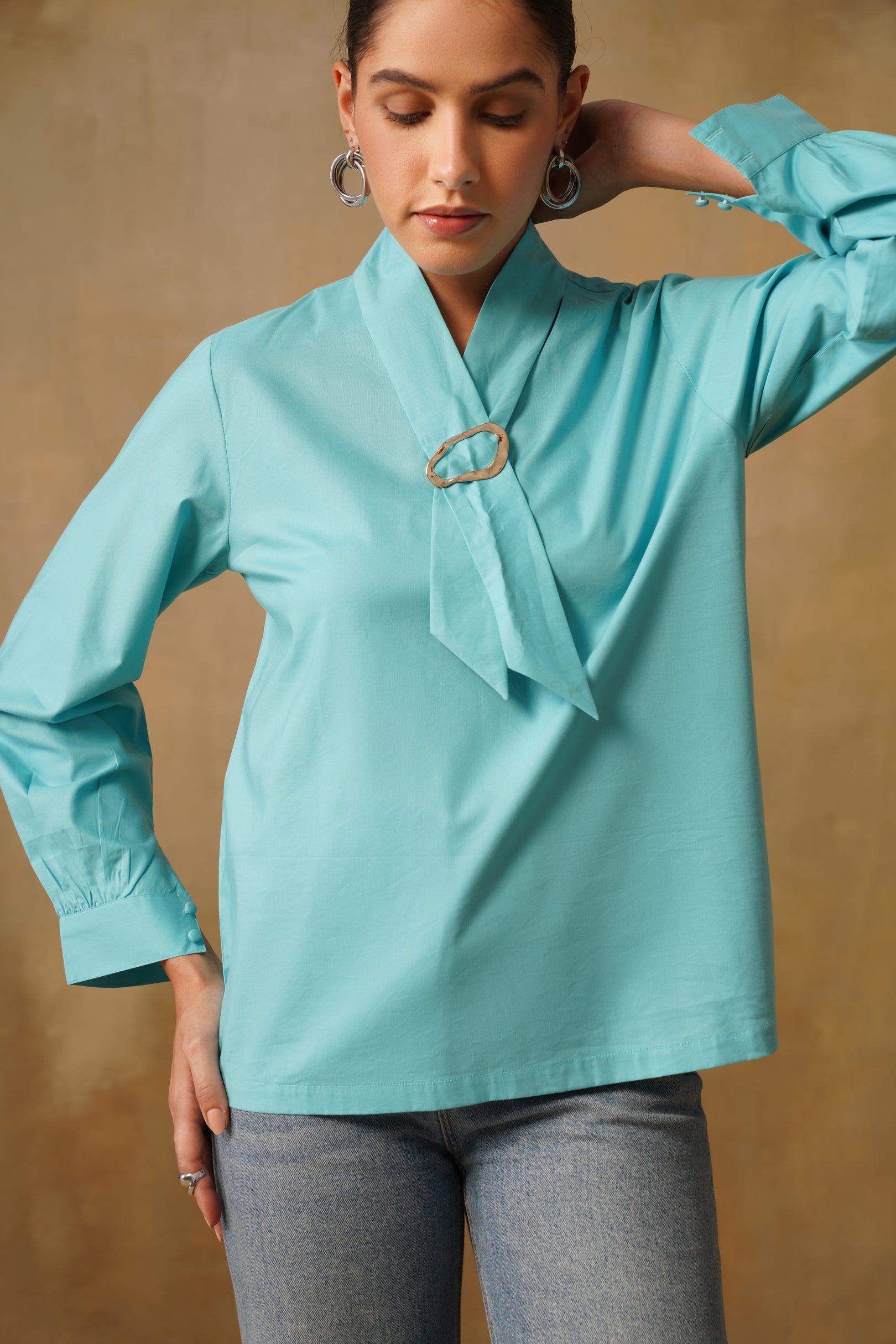 Poplin Neck Tie Top With Buckle
