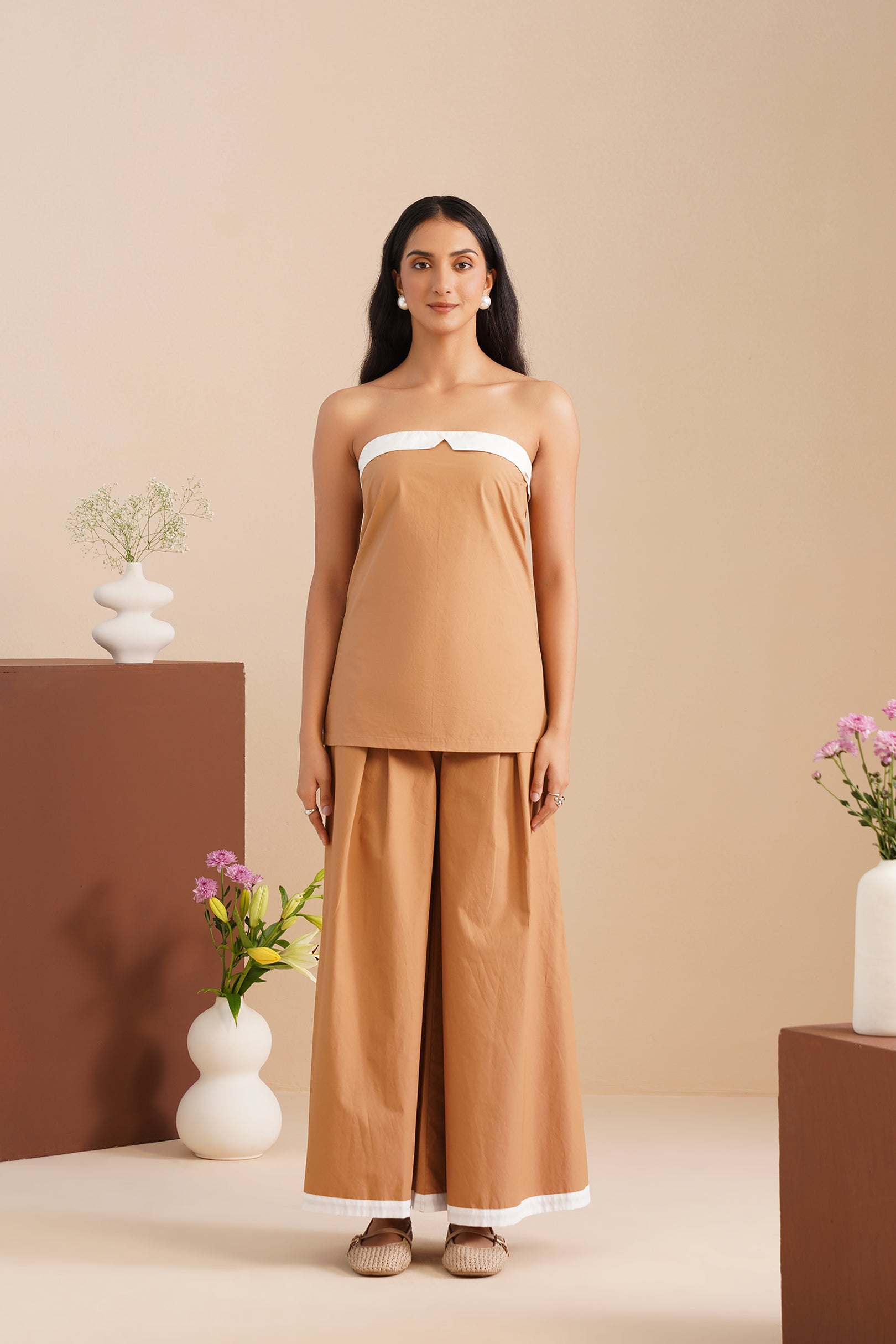 Dual Tone Poplin Corset With Wide-leg Pants