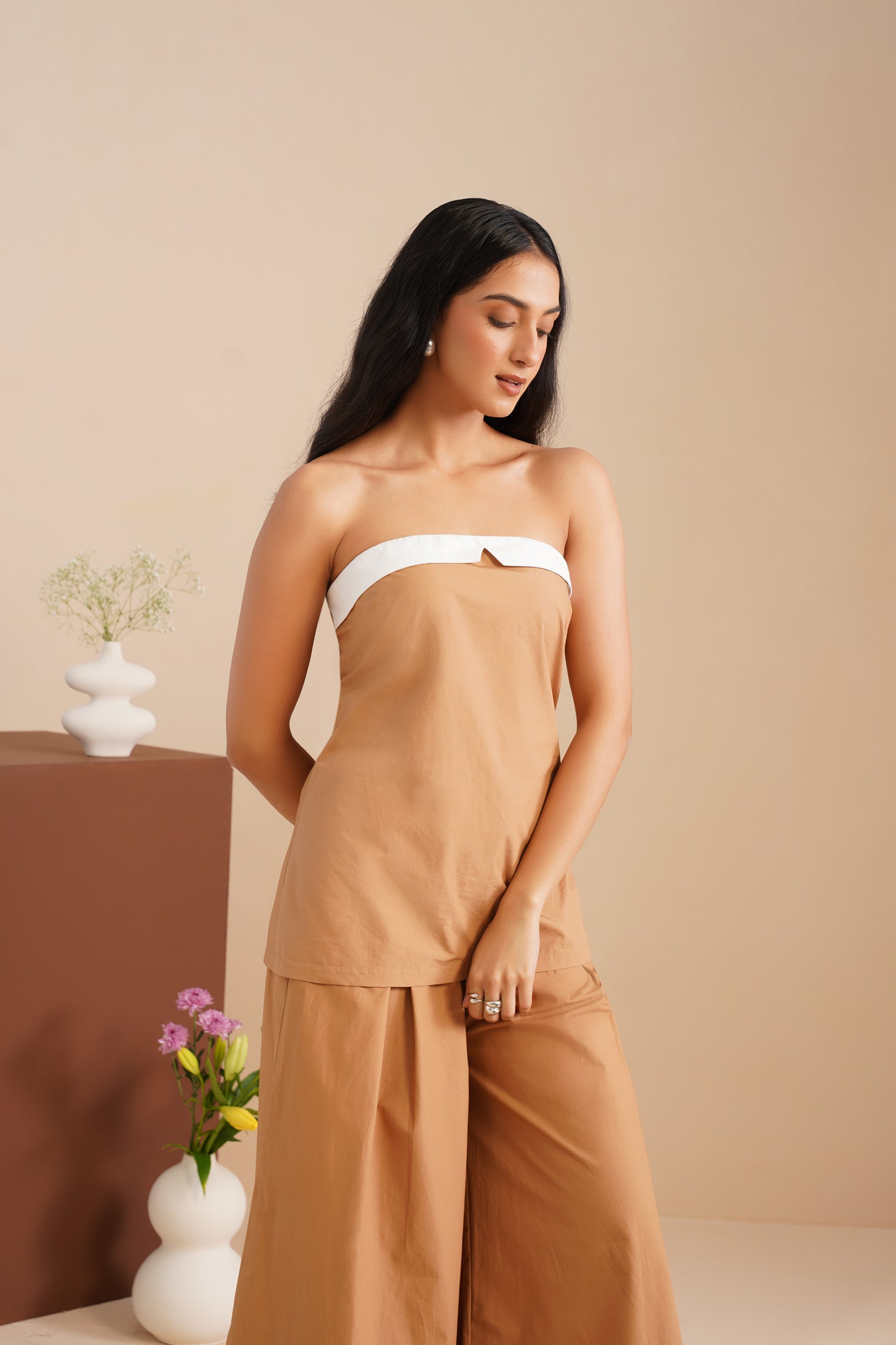 Dual Tone Poplin Corset With Wide-leg Pants