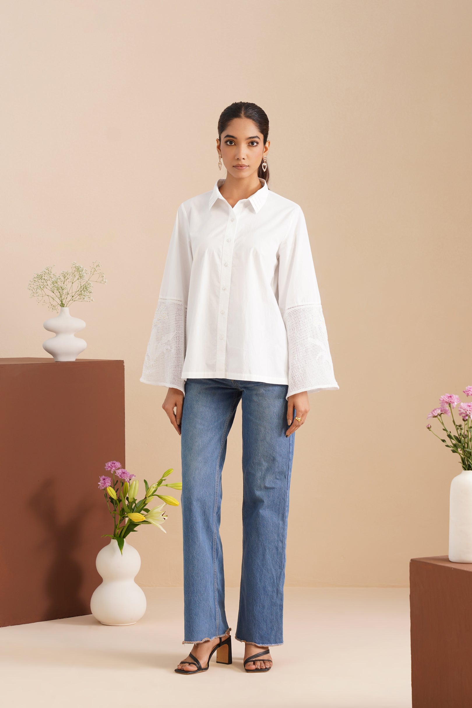 Poplin Mesh-Panel Bell Sleeve Shirt