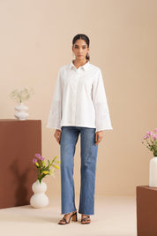 Poplin Mesh-Panel Bell Sleeve Shirt