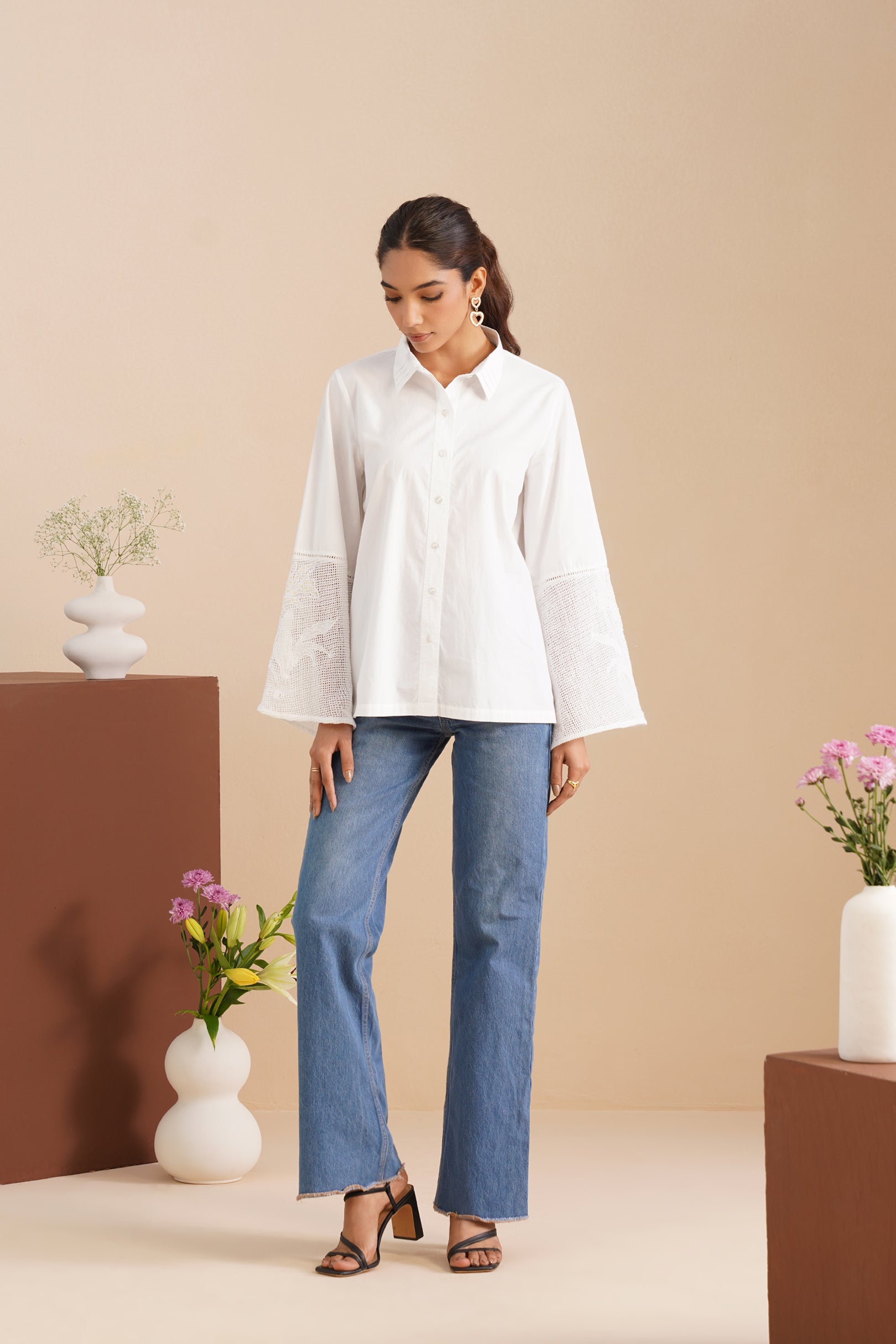 Poplin Mesh-Panel Bell Sleeve Shirt