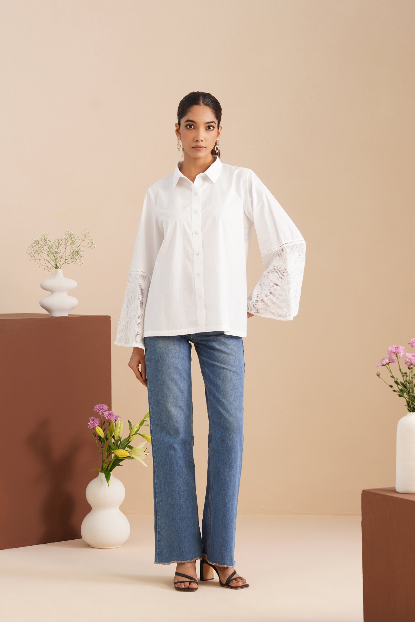 Poplin Mesh-Panel Bell Sleeve Shirt