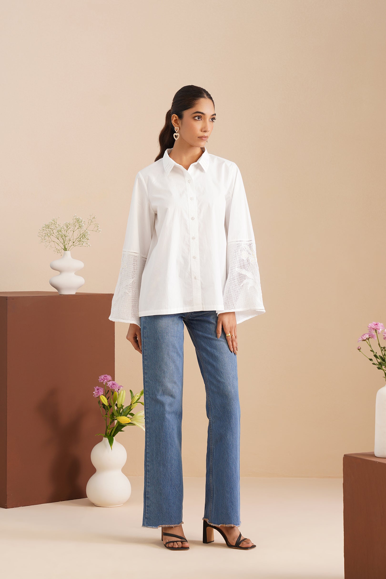 Poplin Mesh-Panel Bell Sleeve Shirt
