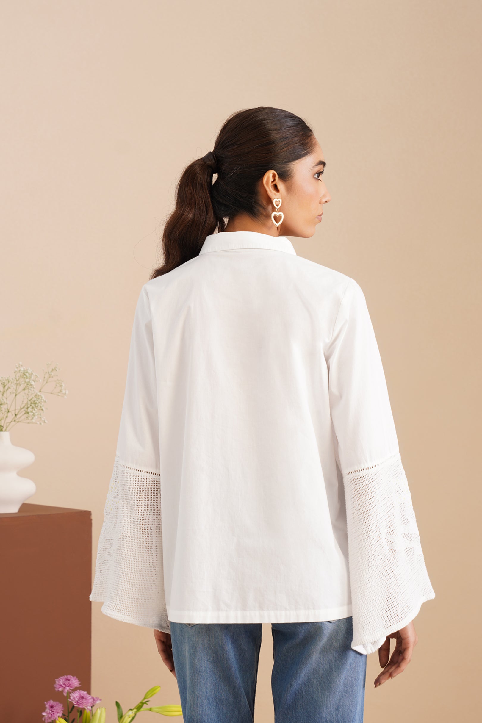 Poplin Mesh-Panel Bell Sleeve Shirt