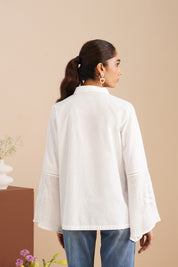 Poplin Mesh-Panel Bell Sleeve Shirt