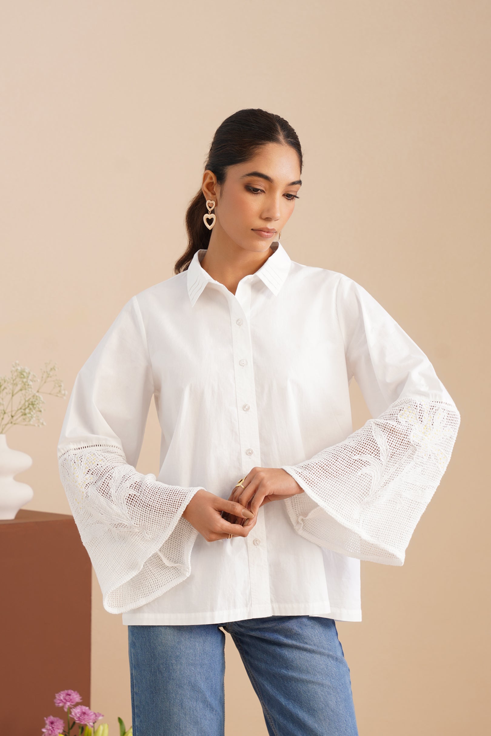 Poplin Mesh-Panel Bell Sleeve Shirt
