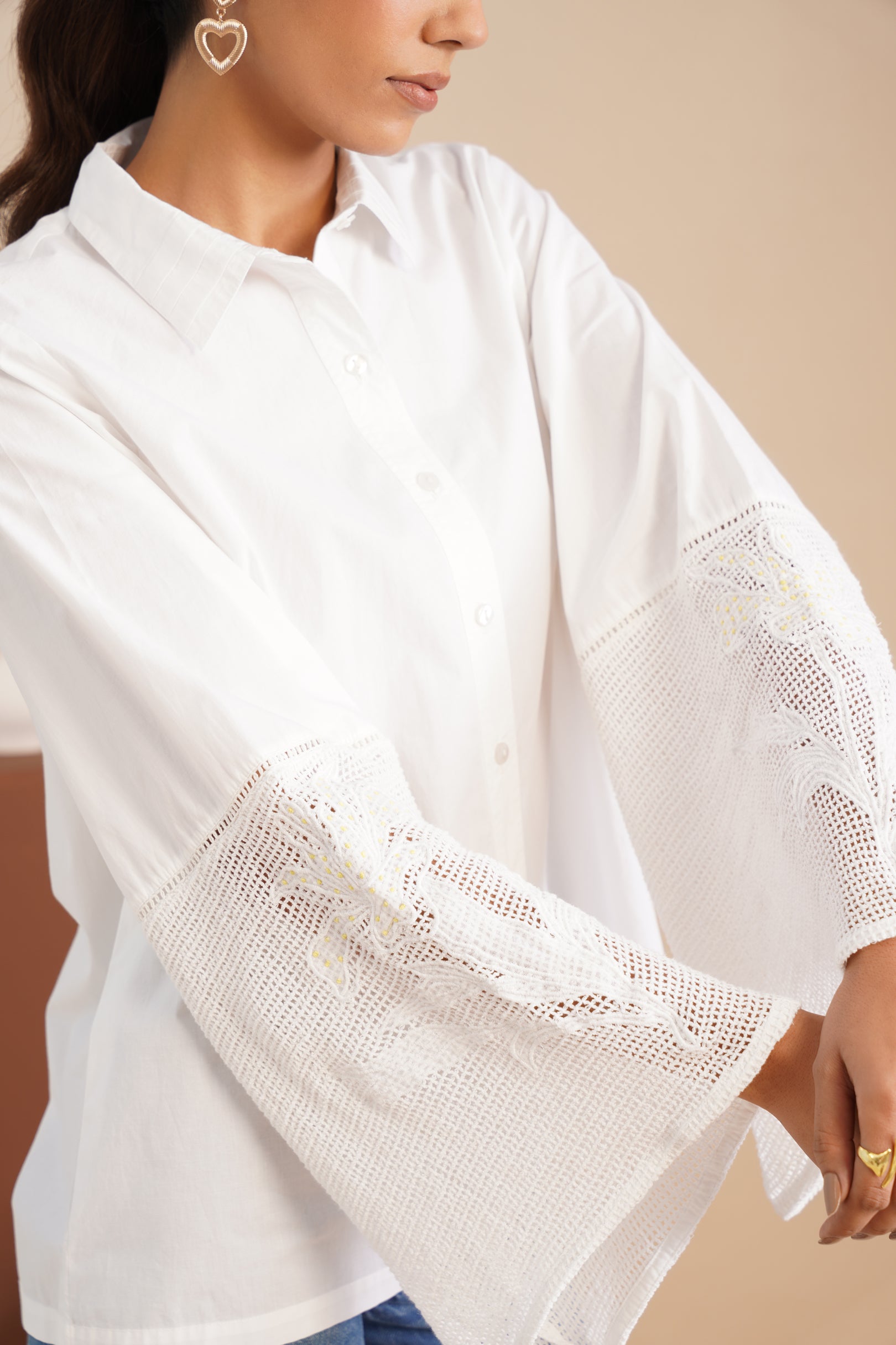 Poplin Mesh-Panel Bell Sleeve Shirt