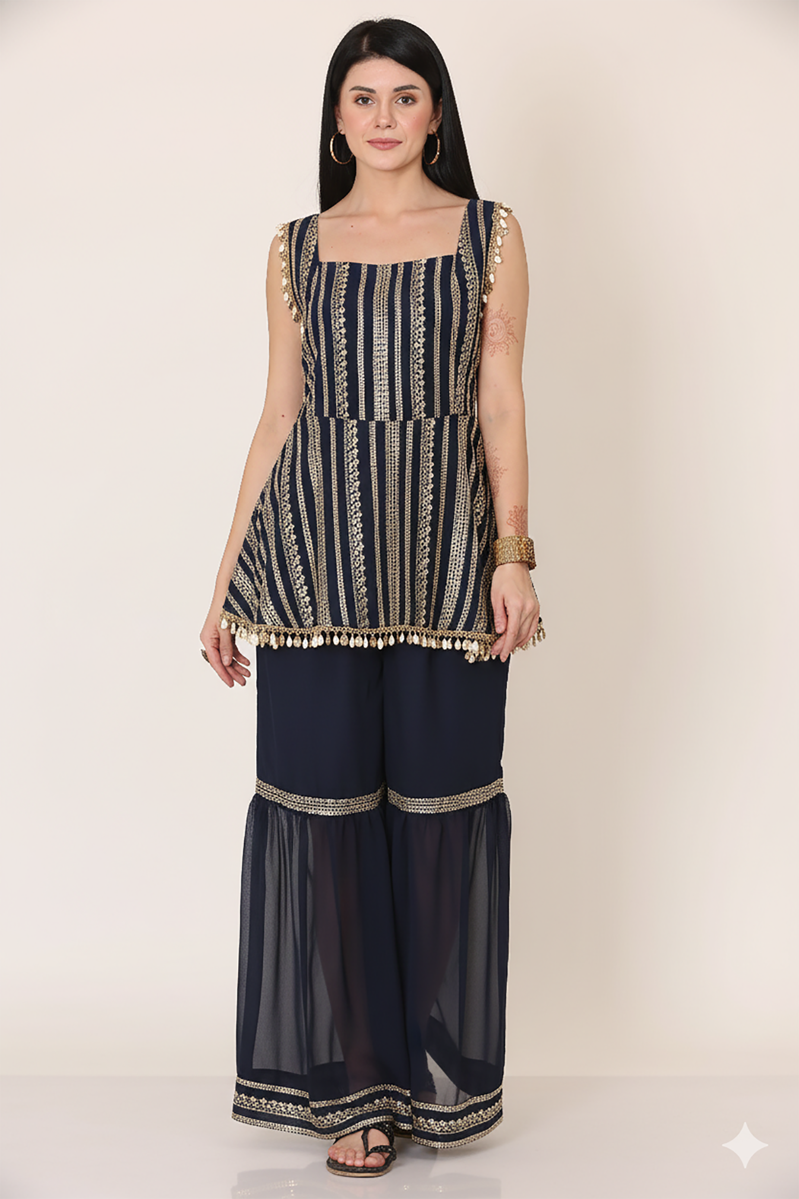 Navy Embellished Square Neck Co-ord Set