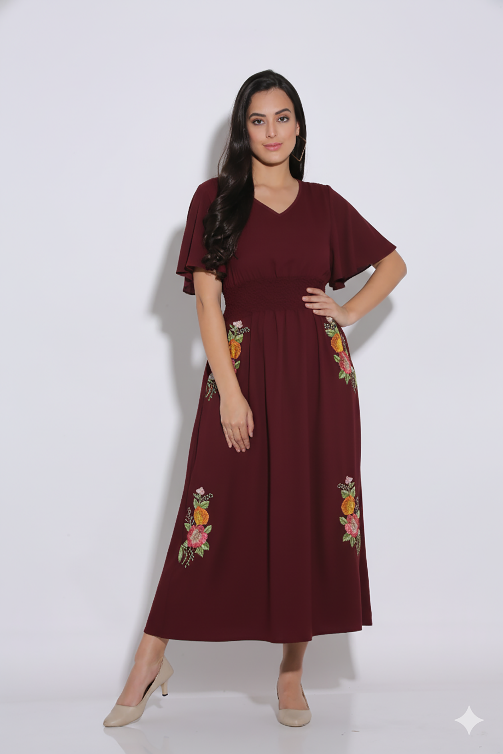 Maroon V-Neck Midi Dress