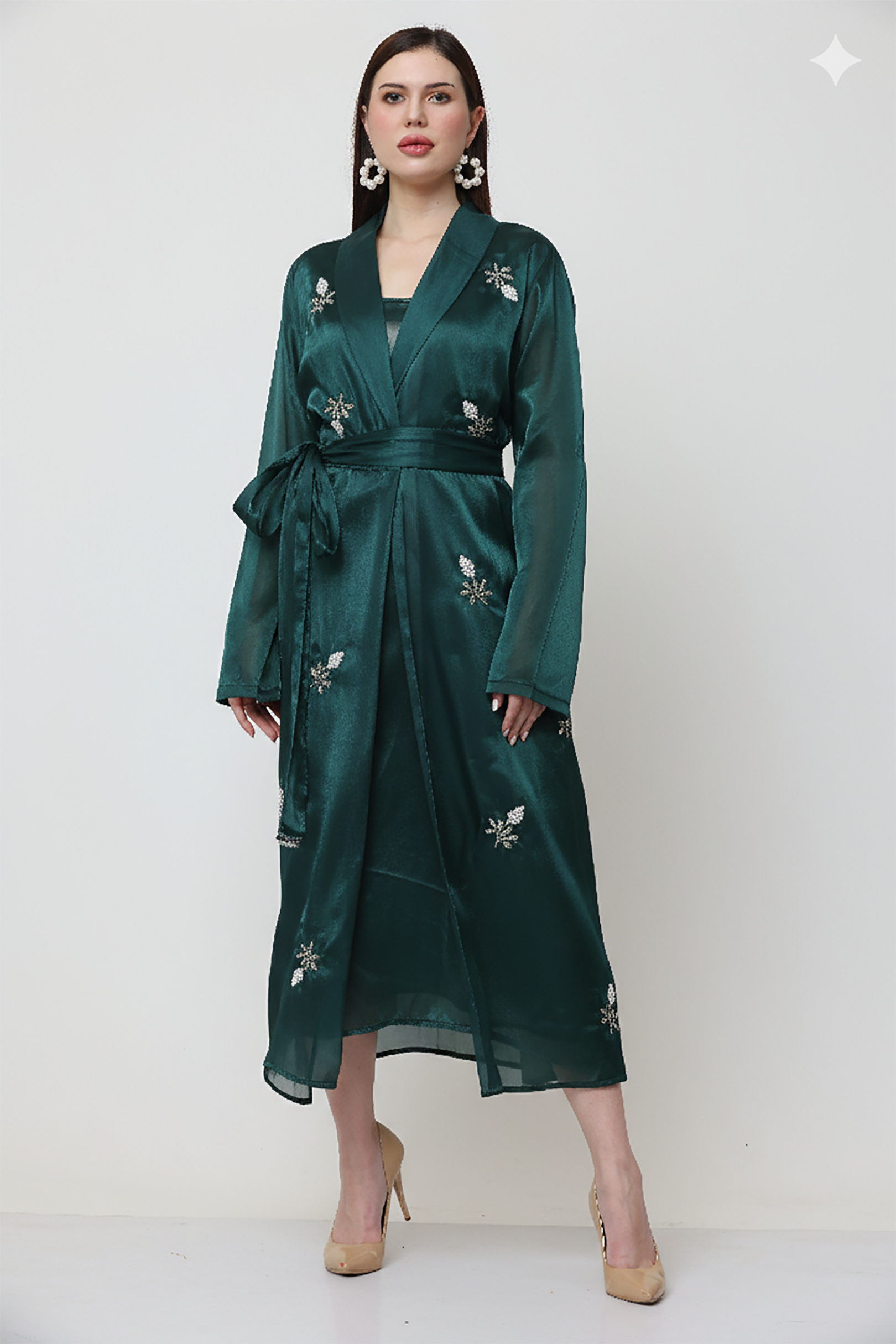 Teal Green Wrap Embellished Midi Dress