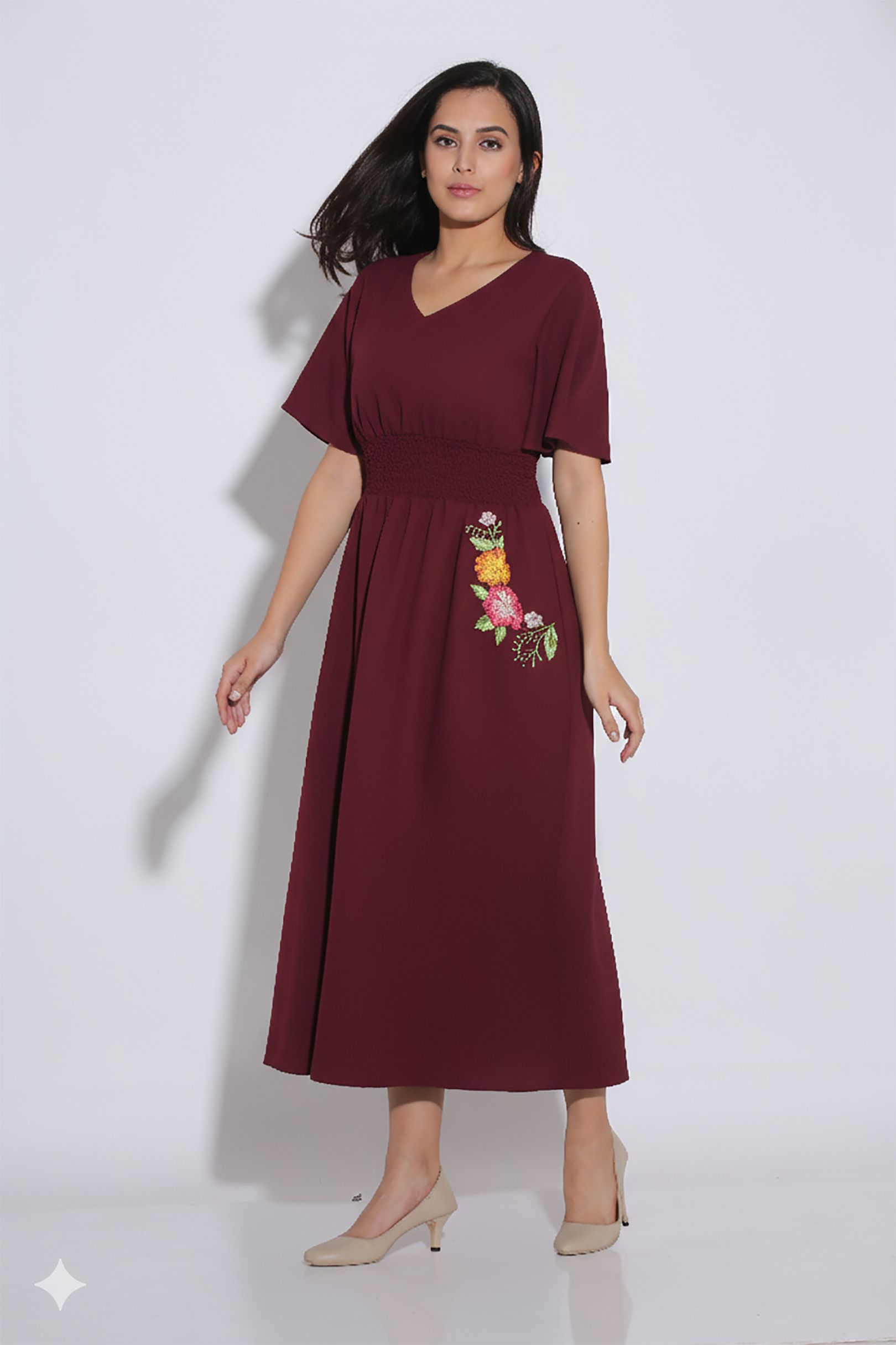 Maroon V-Neck Midi Dress