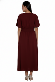 Maroon V-Neck Midi Dress