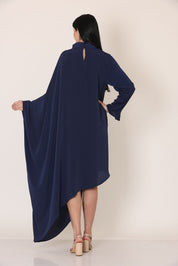 Navy Blue Embroidered Asymmetrical Draped Dress