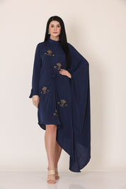 Navy Blue Embroidered Asymmetrical Draped Dress