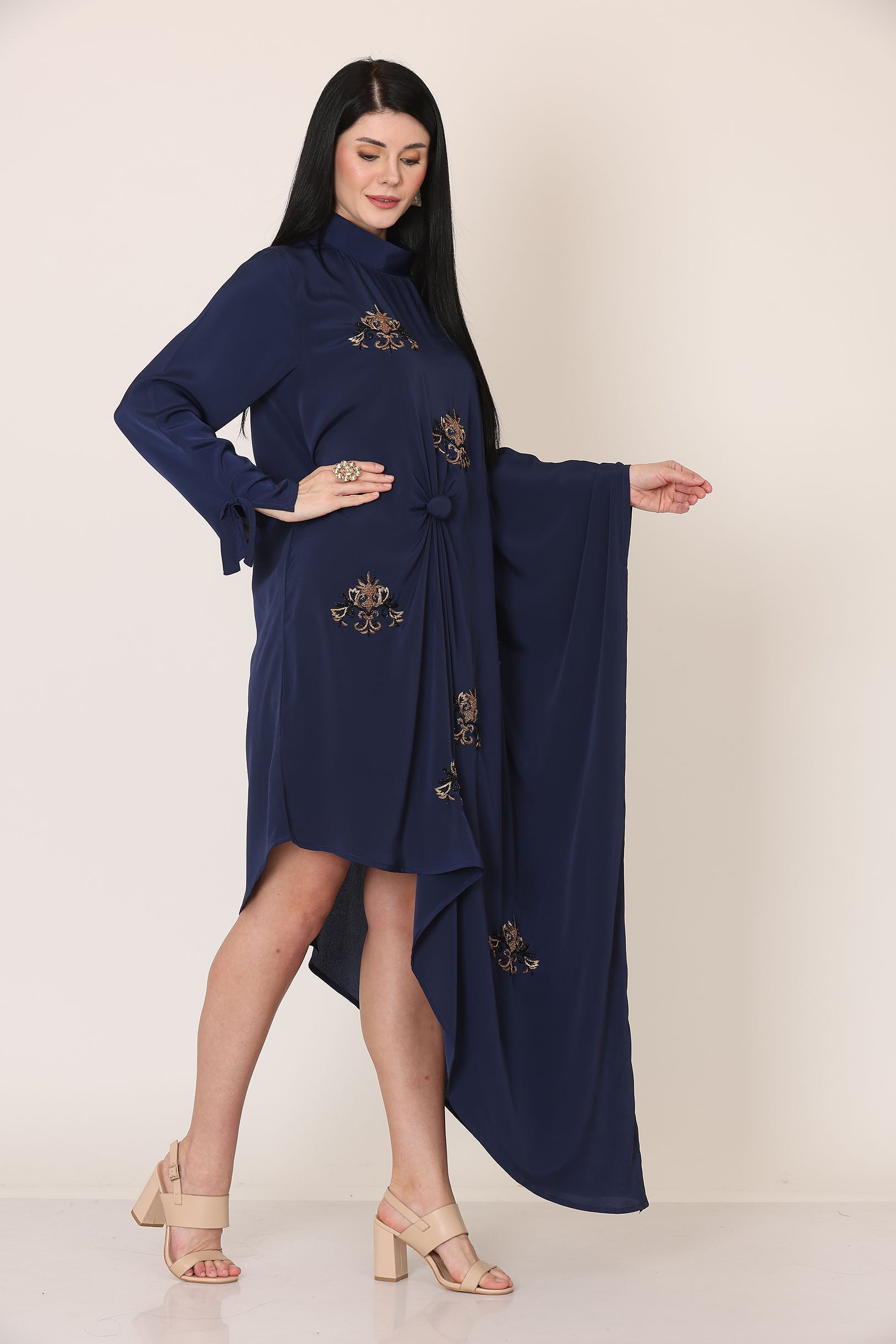 Navy Blue Embroidered Asymmetrical Draped Dress