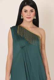 Bottle Green One Shoulder Draped Dress