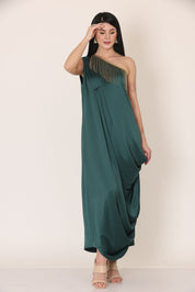 Bottle Green One Shoulder Draped Dress
