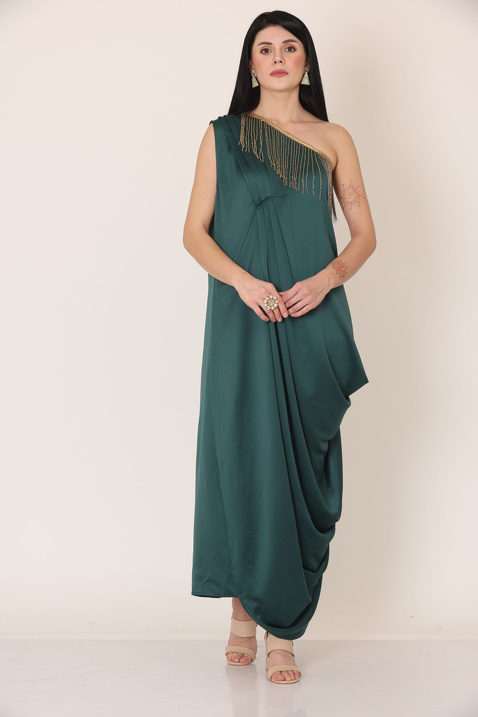 Bottle Green One Shoulder Draped Dress