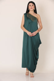 Bottle Green One Shoulder Draped Dress