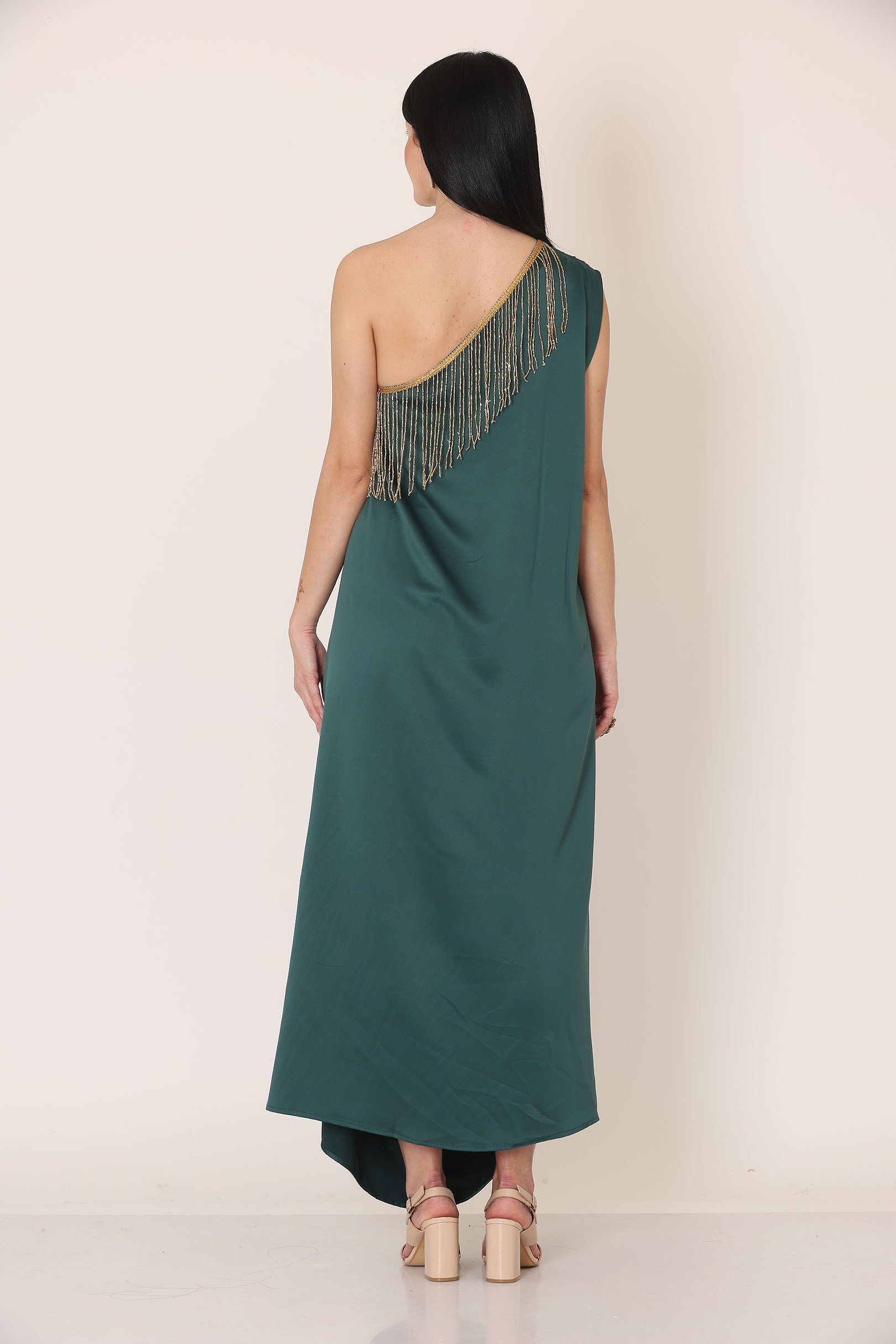 Bottle Green One Shoulder Draped Dress