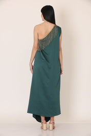 Bottle Green One Shoulder Draped Dress