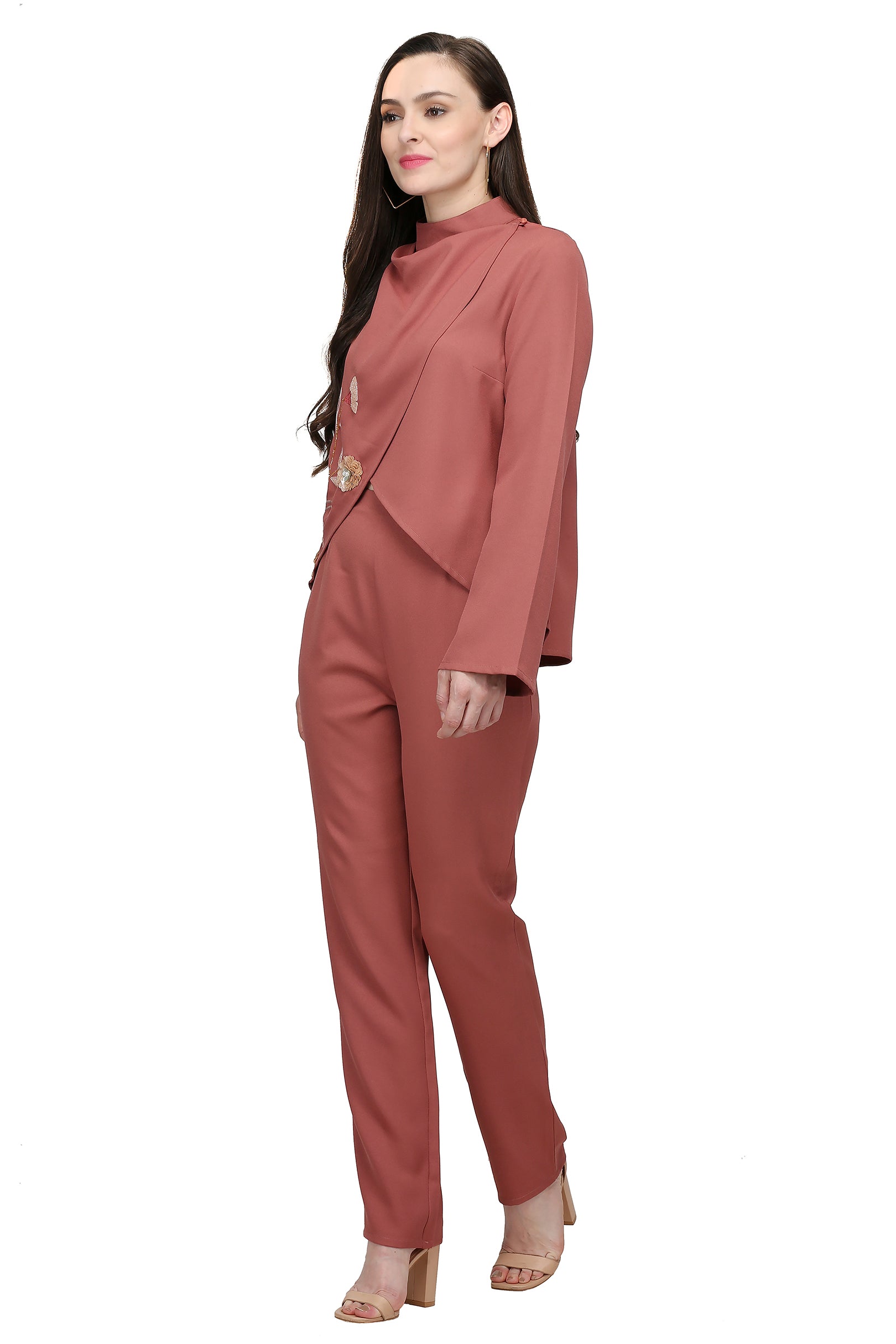 Dusty Pink Embroidered Asymmetric Co-ord Set