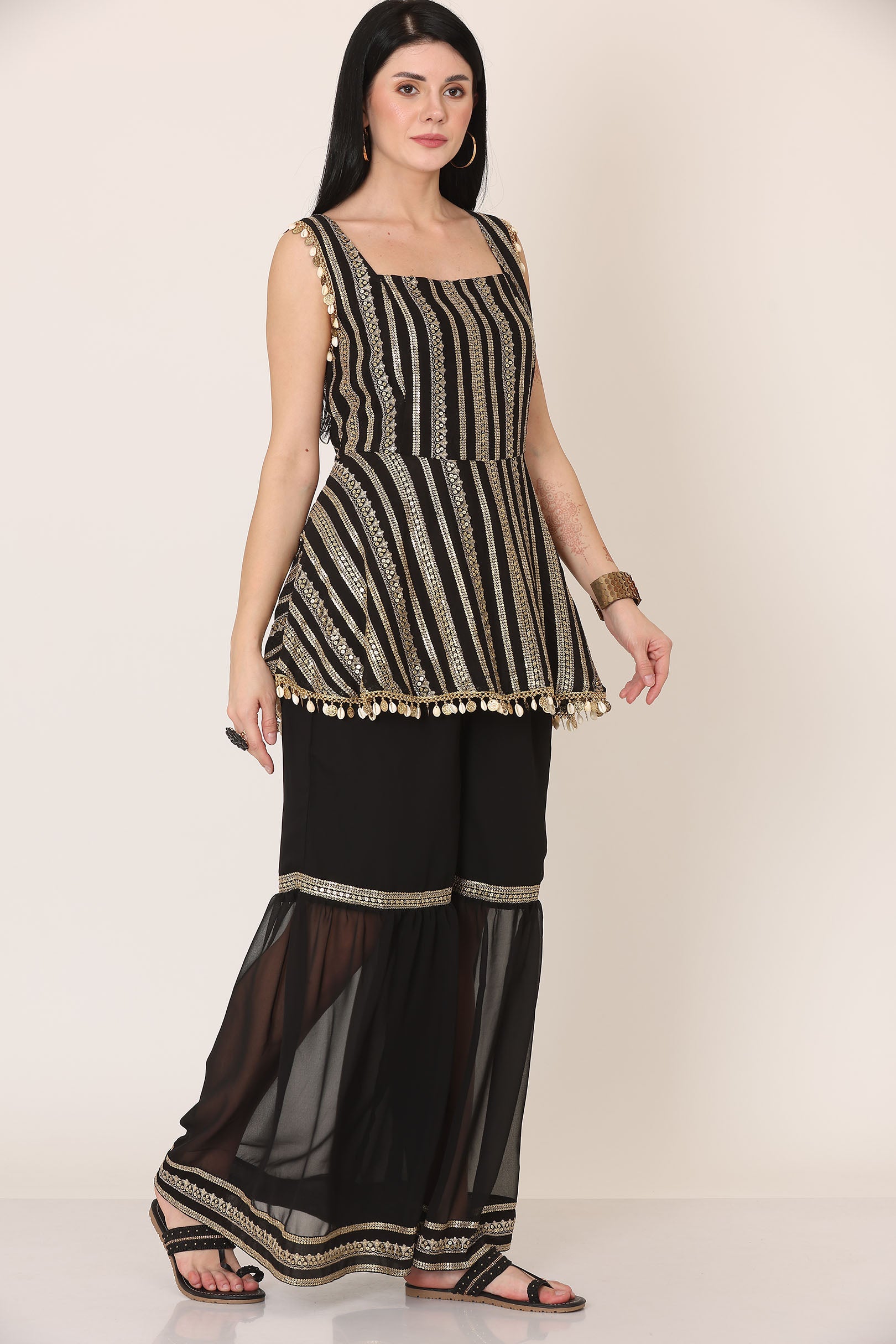 Black Embellished Square Neck Co-ord Set