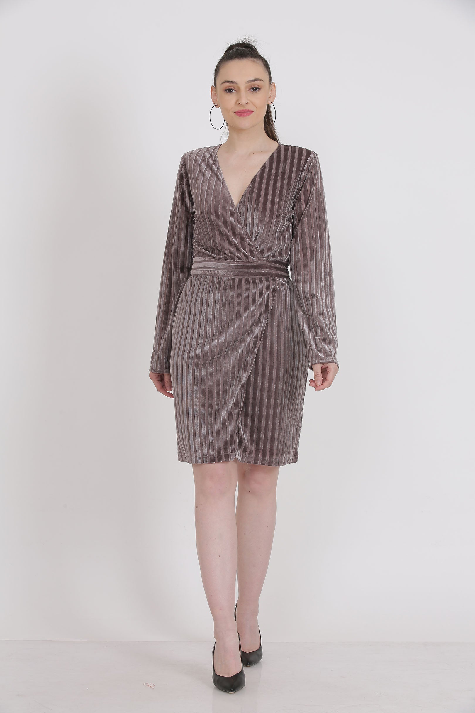 Brown Striped Velvet Titanium Dress