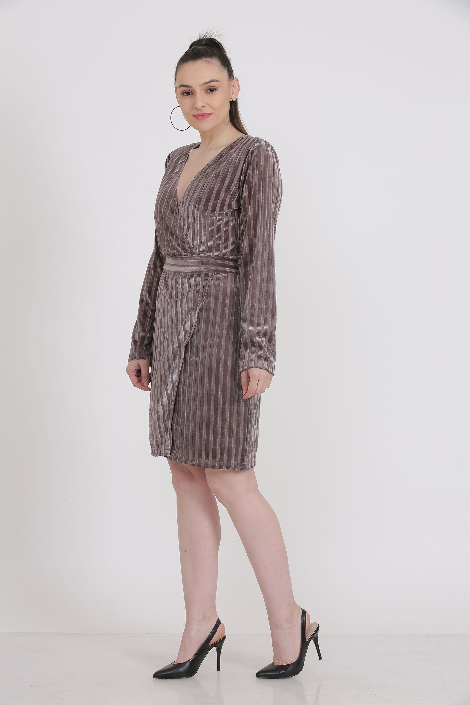 Brown Striped Velvet Titanium Dress