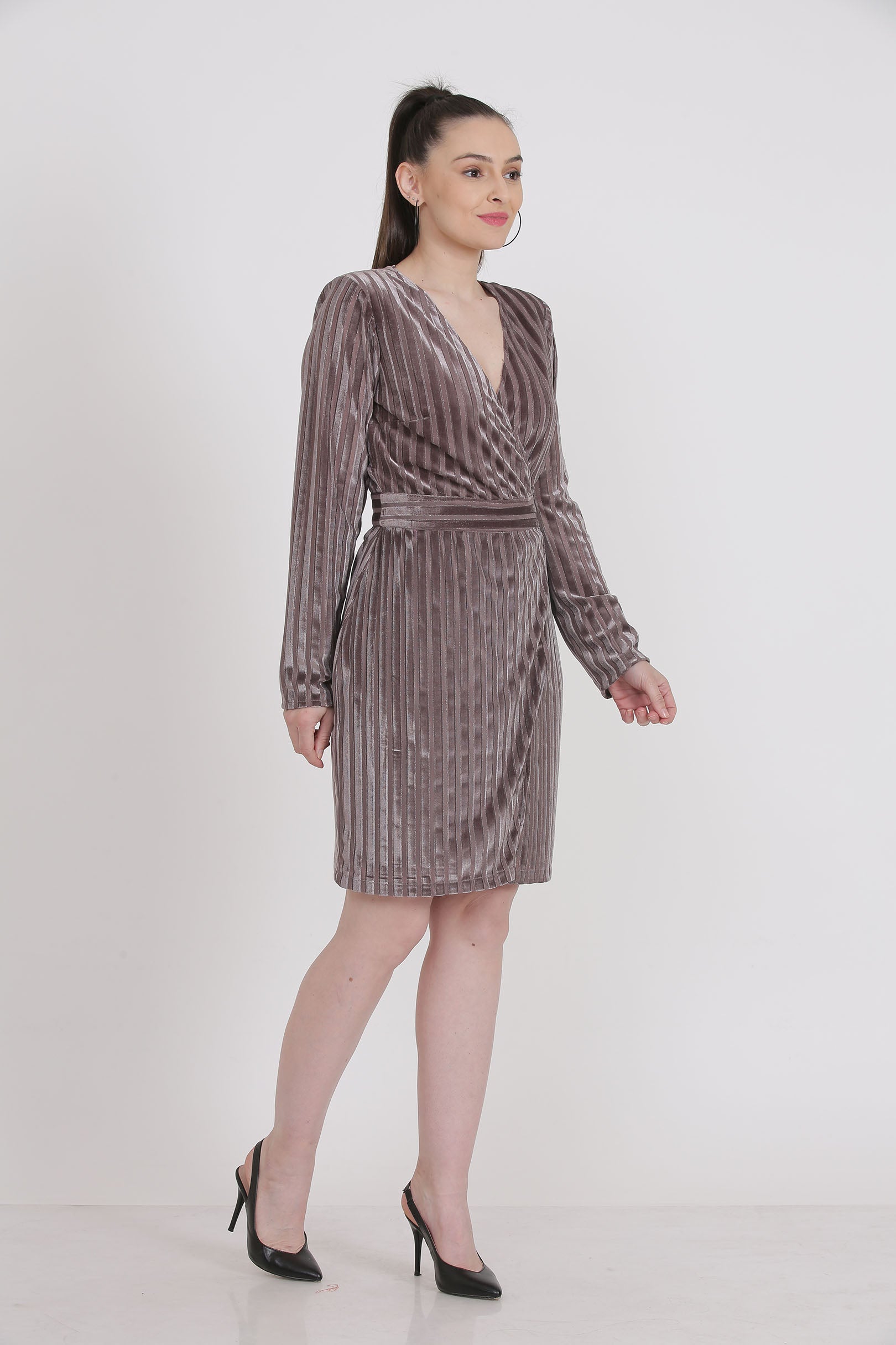 Brown Striped Velvet Titanium Dress