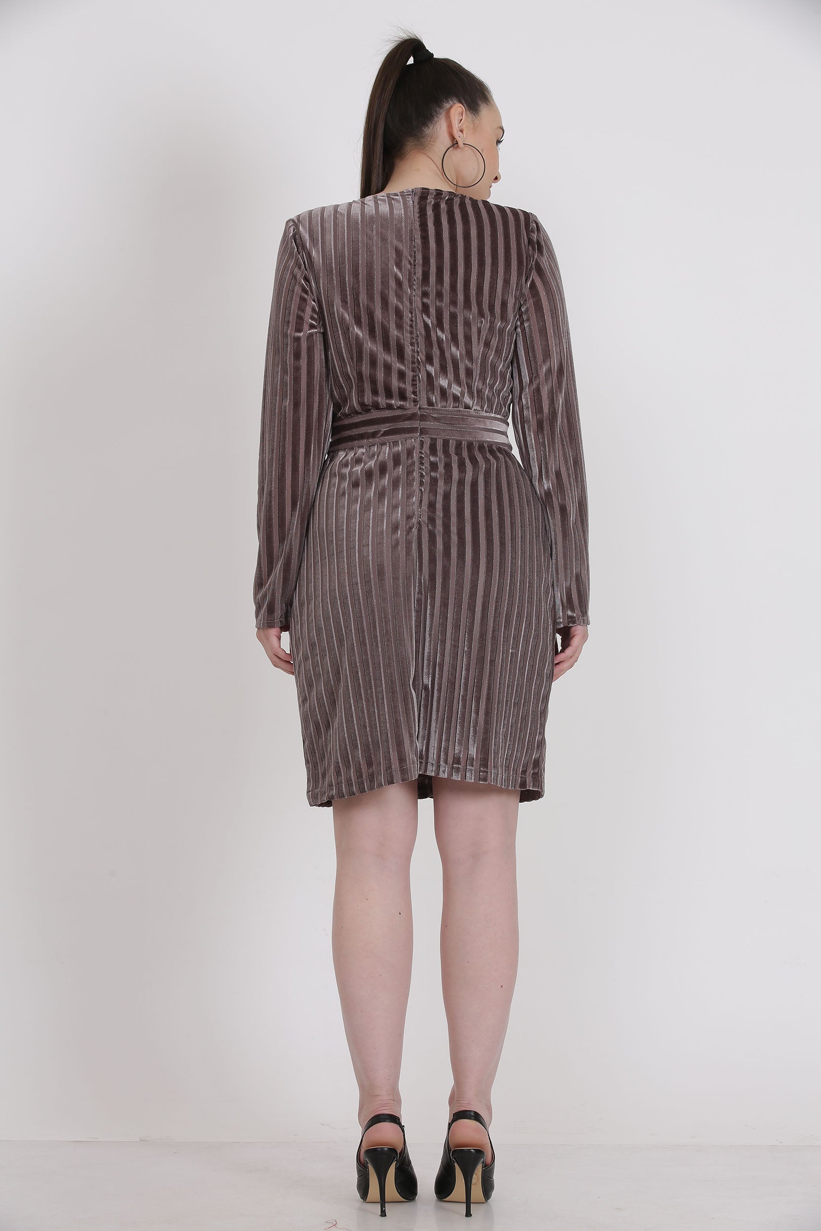 Brown Striped Velvet Titanium Dress