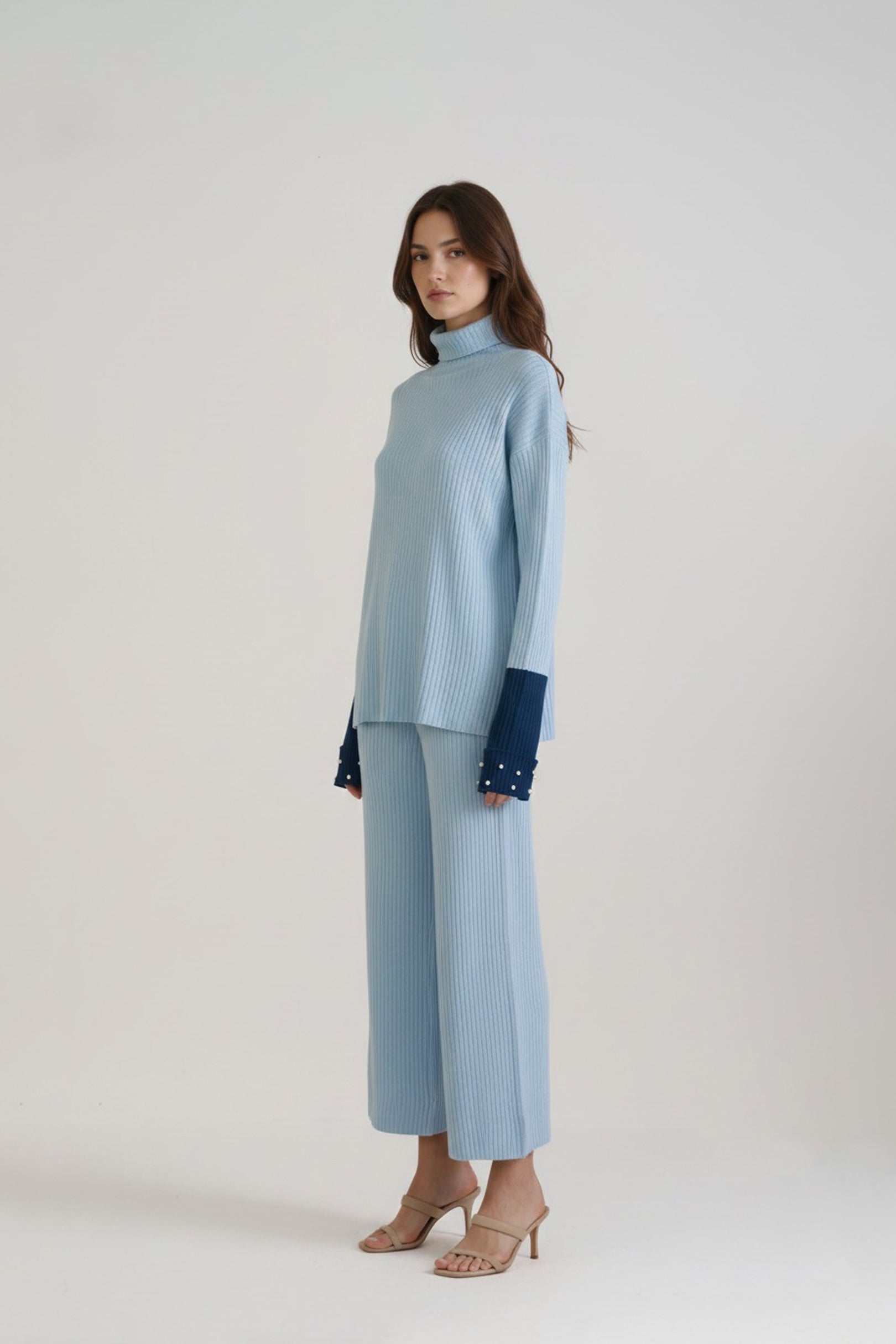 Sky Blue Knitted Contrast Cuffs Co-ord Set