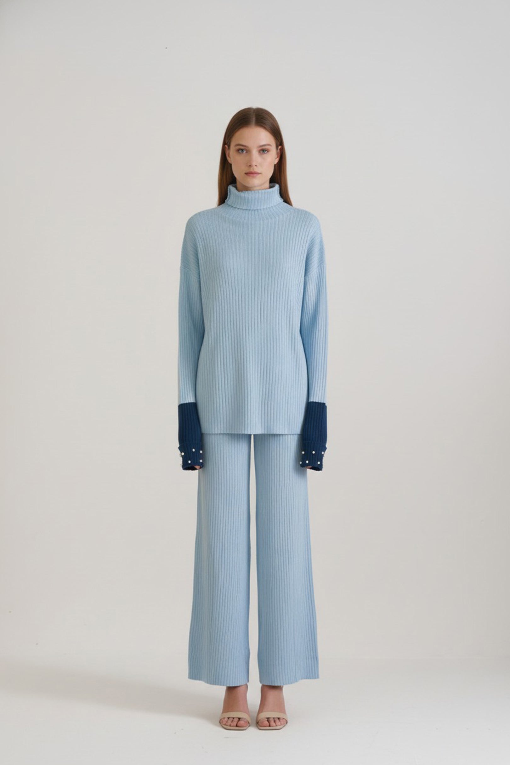 Sky Blue Knitted Contrast Cuffs Co-ord Set