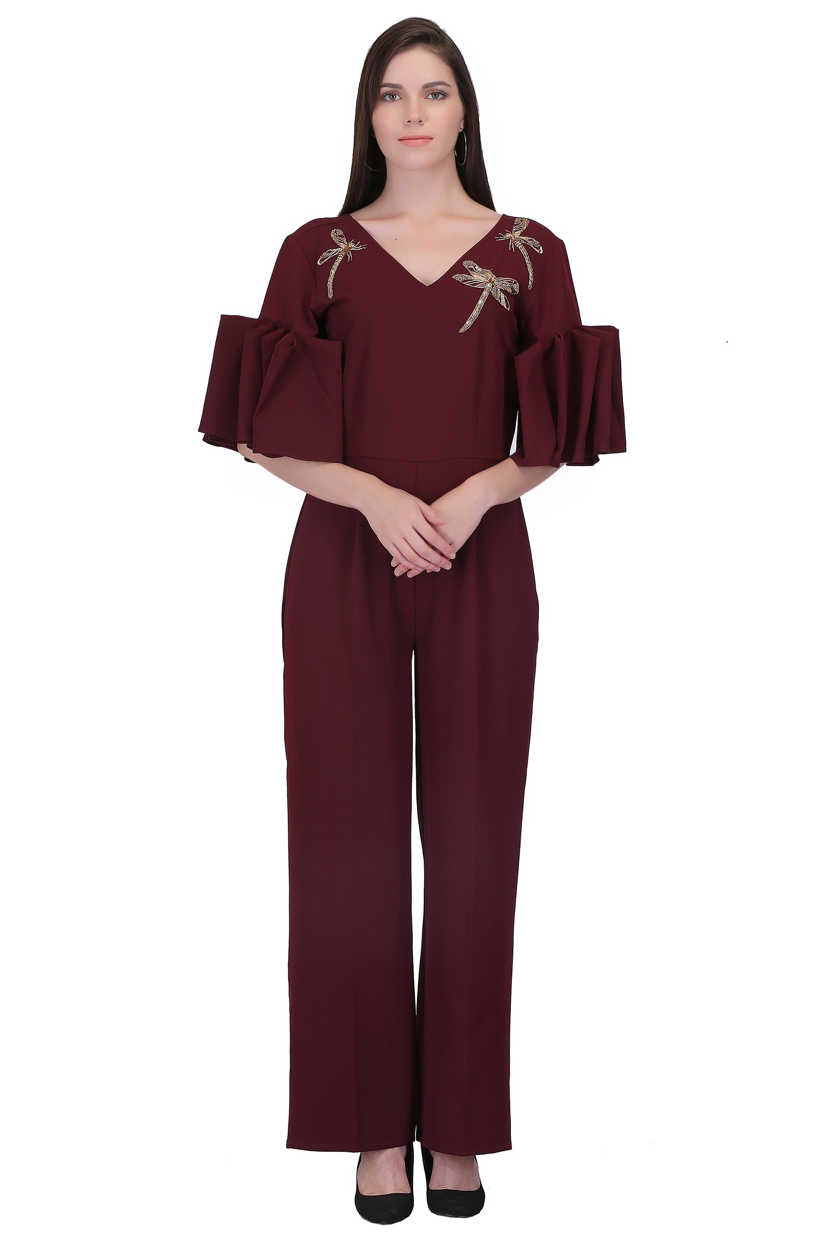 Maroon Dragon Fly Embroidered Jumpsuit