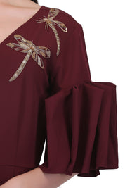 Maroon Dragon Fly Embroidered Jumpsuit