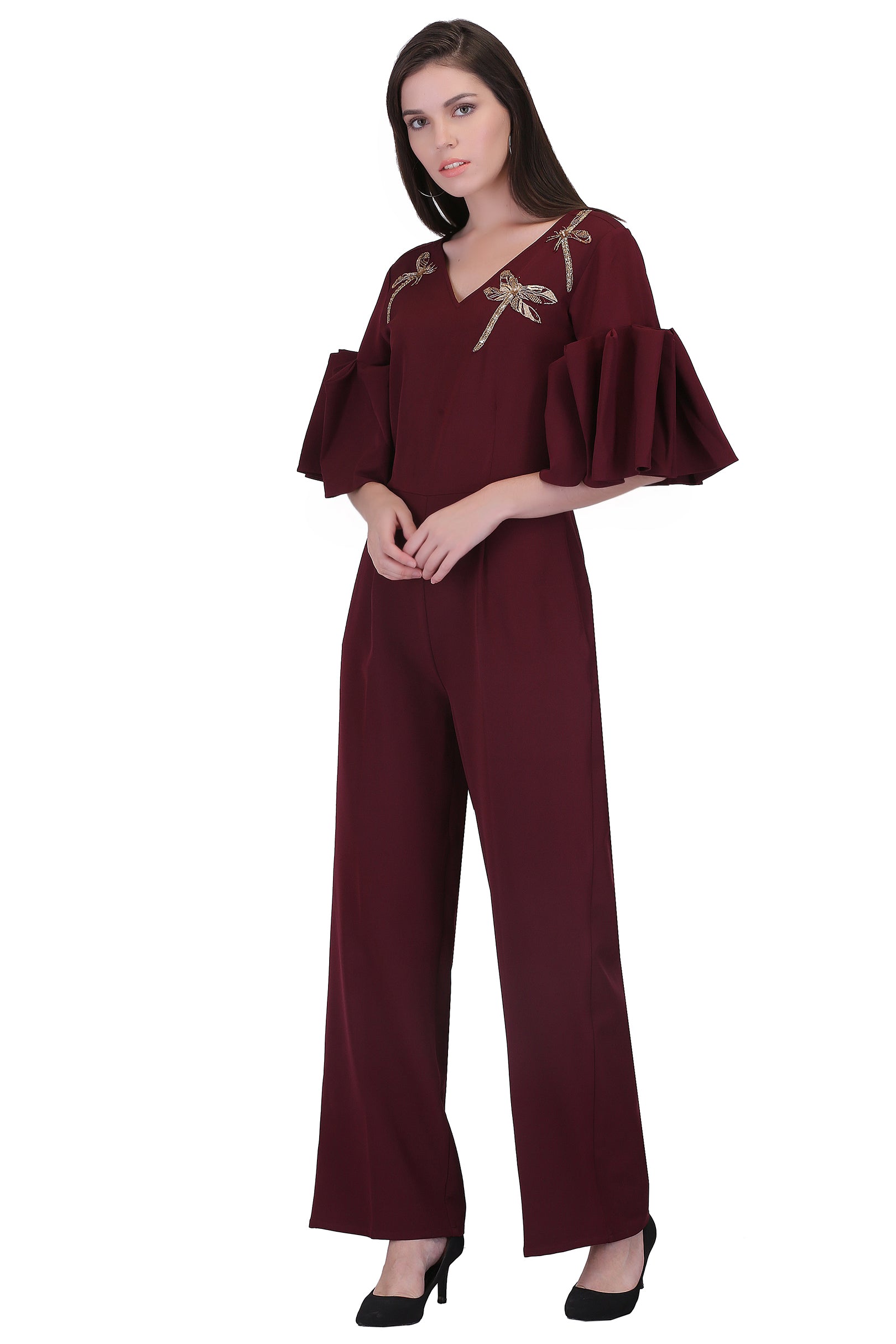 Maroon Dragon Fly Embroidered Jumpsuit