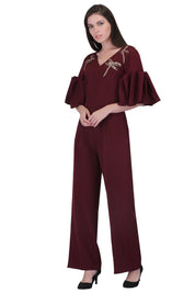 Maroon Dragon Fly Embroidered Jumpsuit