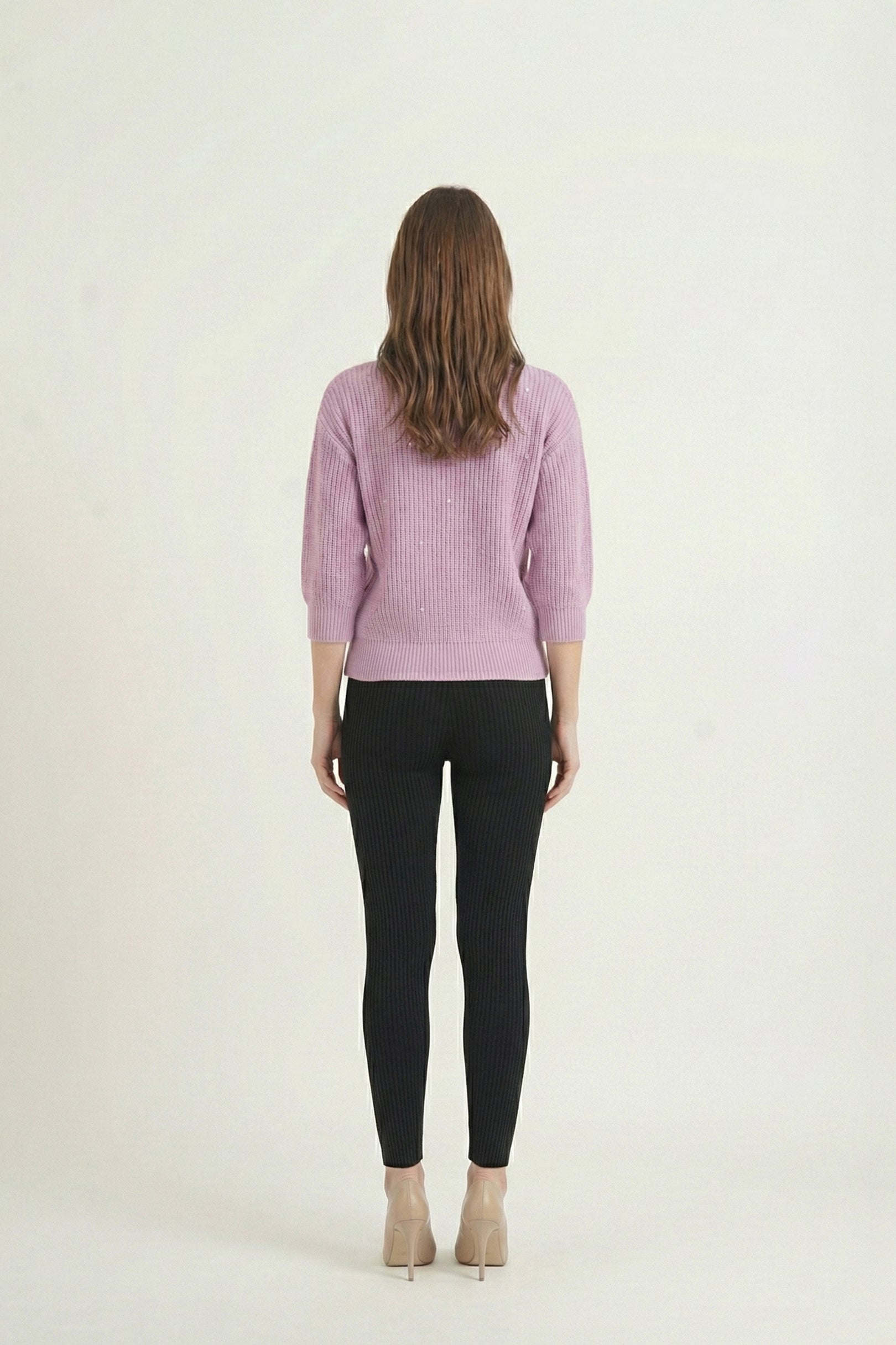 Lilac Scallop Hem Sweater with Black Pants