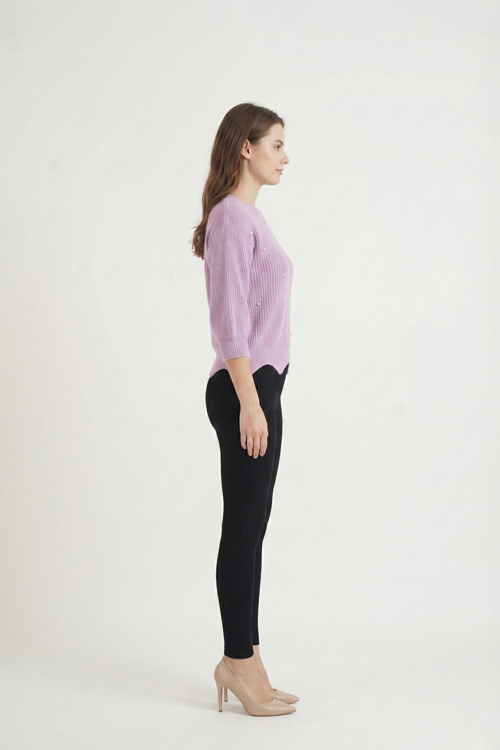 Lilac Scallop Hem Sweater with Black Pants