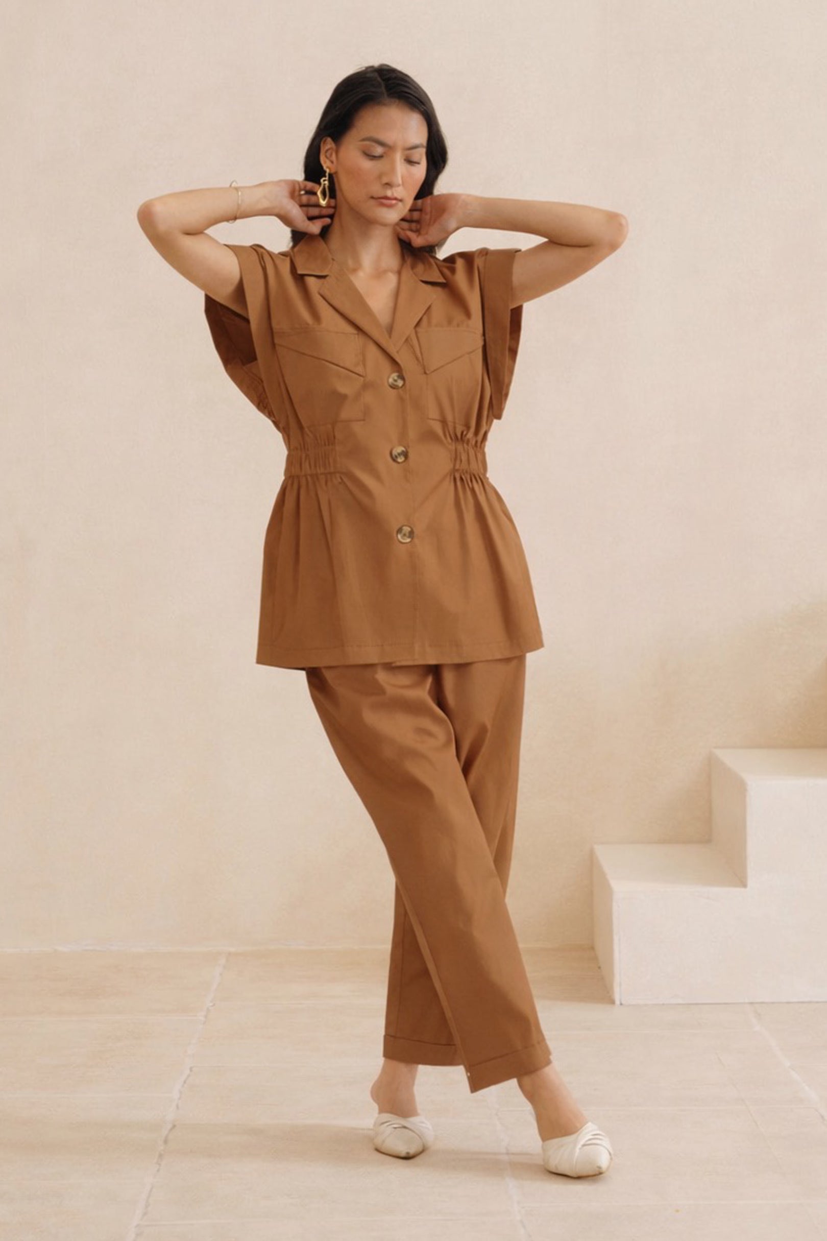 Structured Shoulder  Waist Cinged Cotton Top with Pants