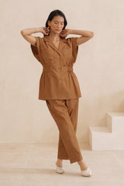 Structured Shoulder  Waist Cinged Cotton Top with Pants