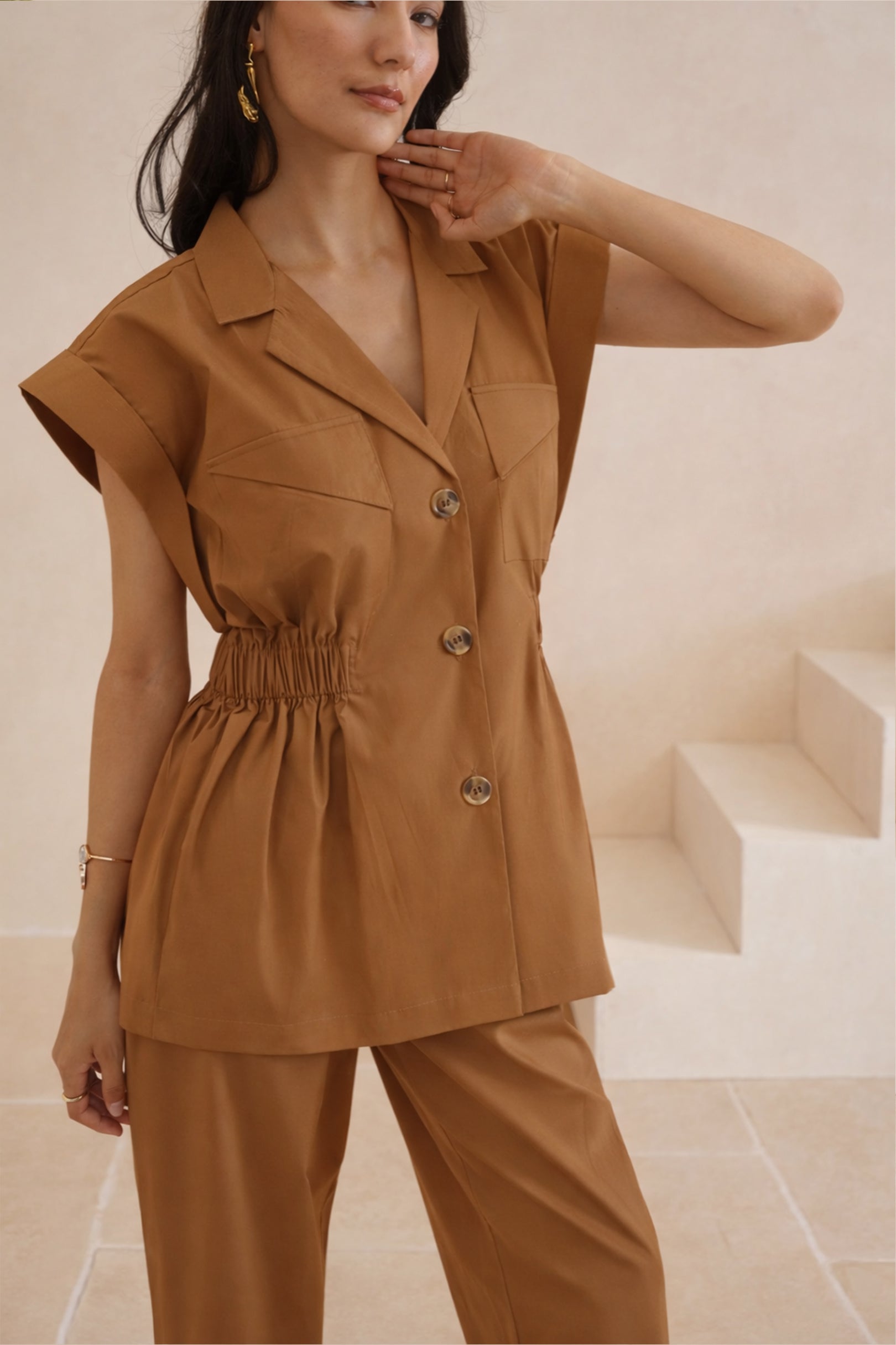 Structured Shoulder  Waist Cinged Cotton Top with Pants