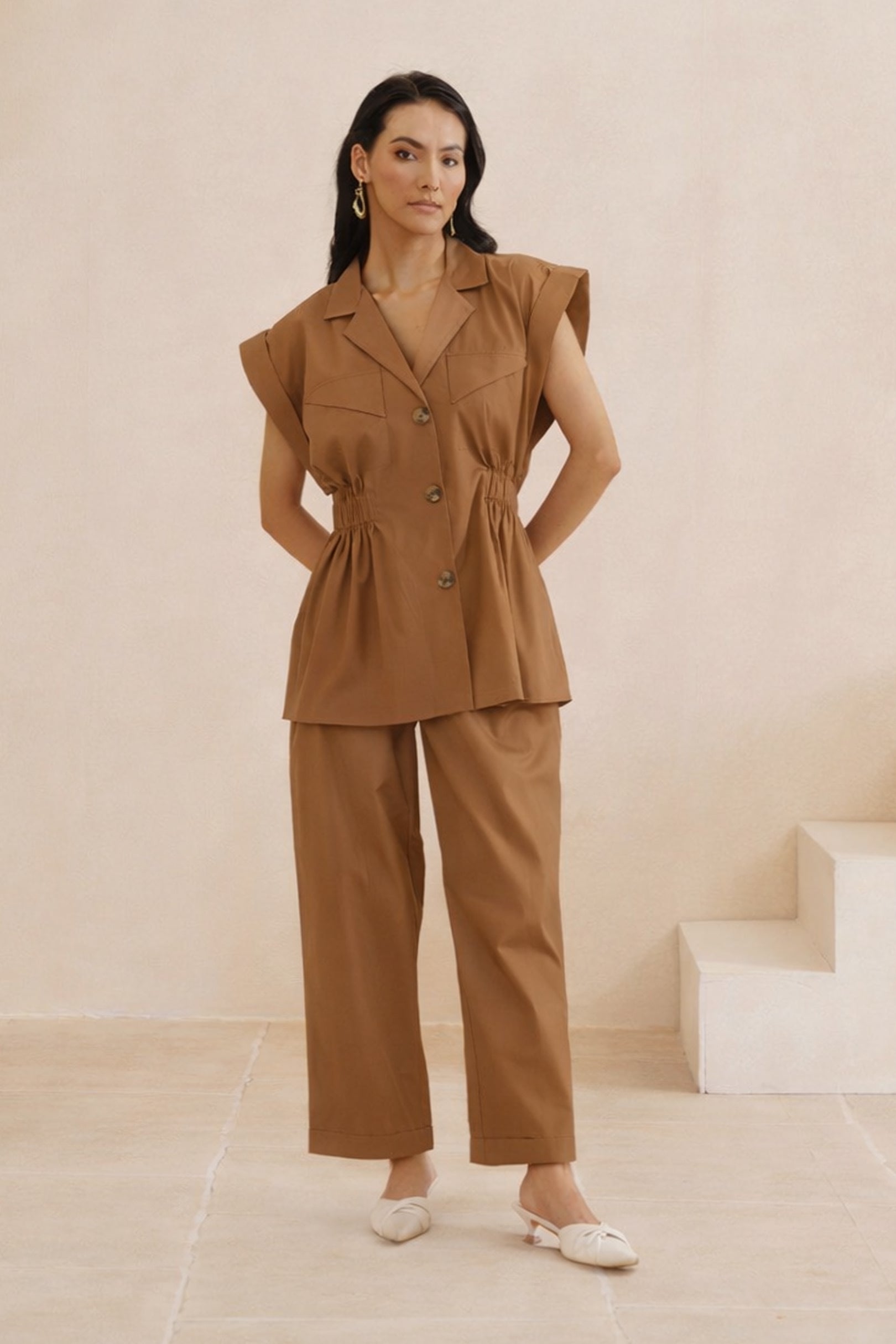 Structured Shoulder  Waist Cinged Cotton Top with Pants