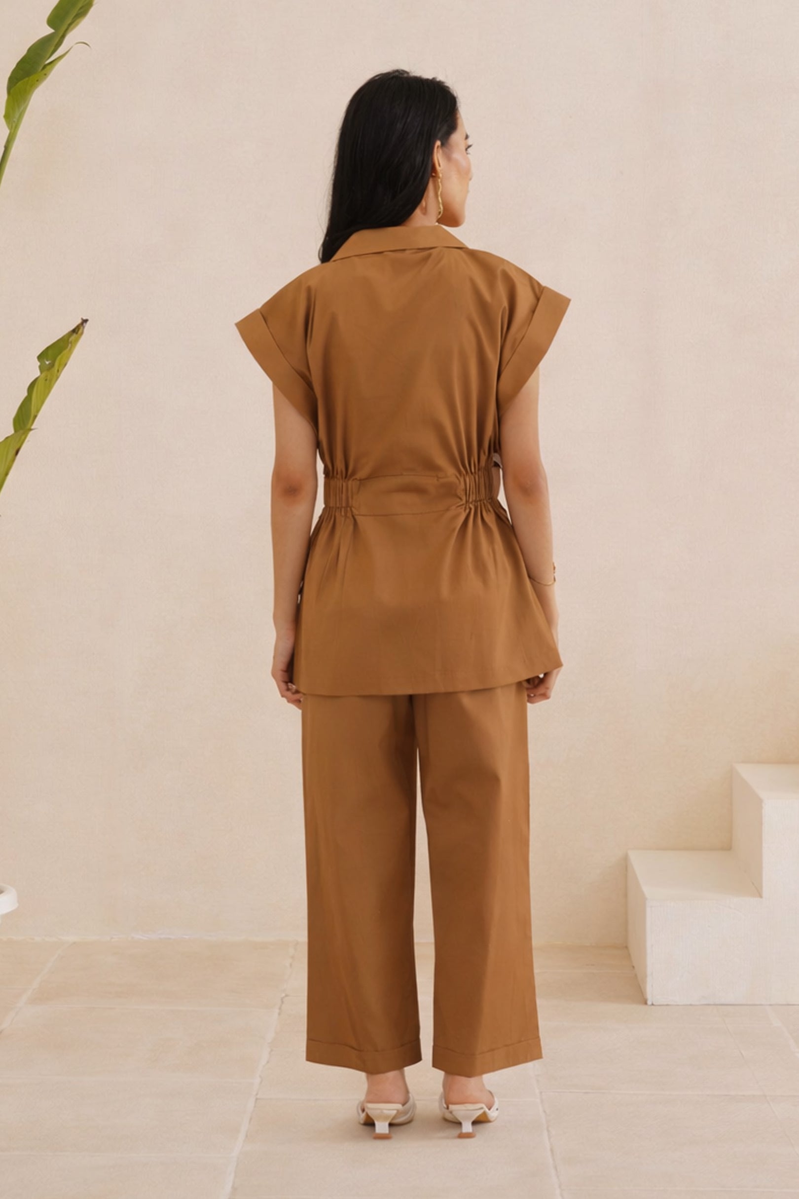 Structured Shoulder  Waist Cinged Cotton Top with Pants