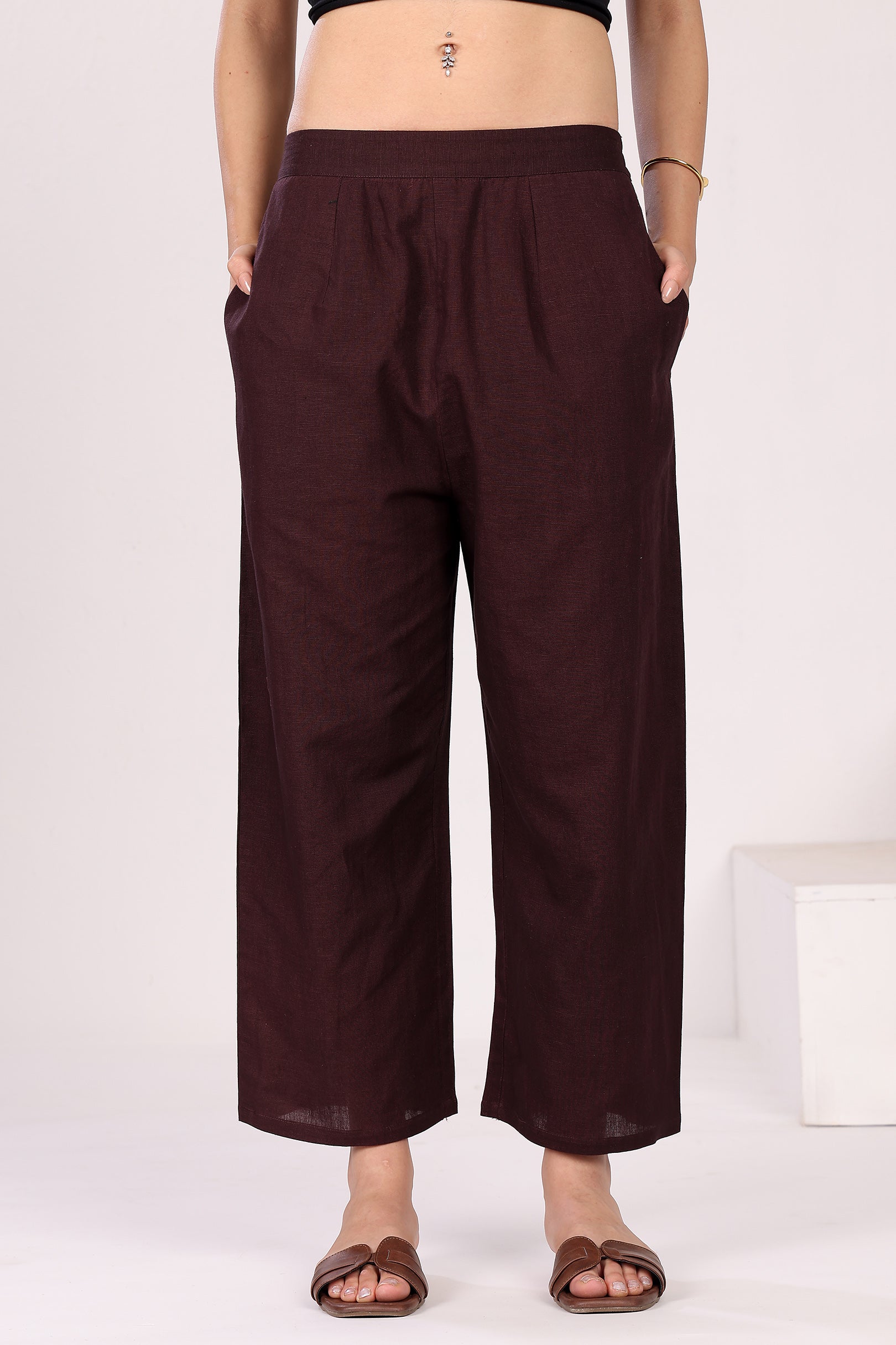 Mocha Brown Linen Straight Pants With Side Pockets