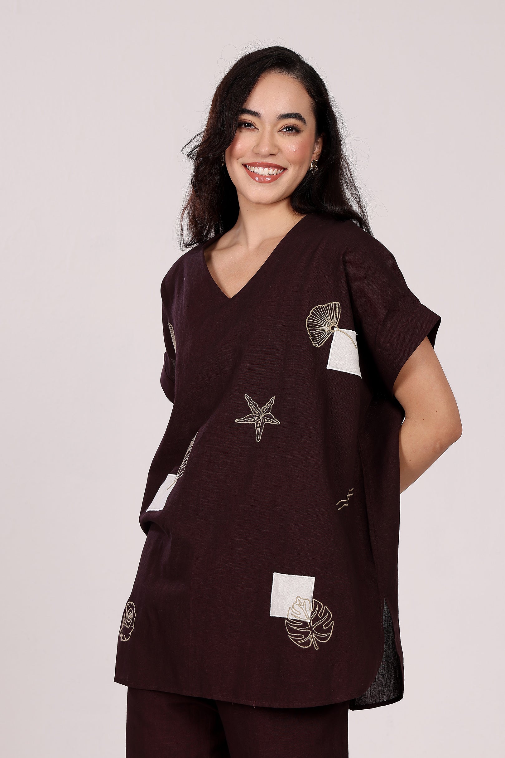 Mocha Brown V Neck Drop Shoulder Embroidered Top In Linen