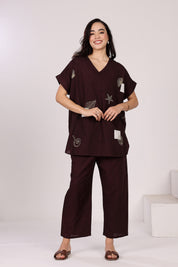 Mocha Brown V Neck Drop Shoulder Embroidered Top With Linen Pants Set