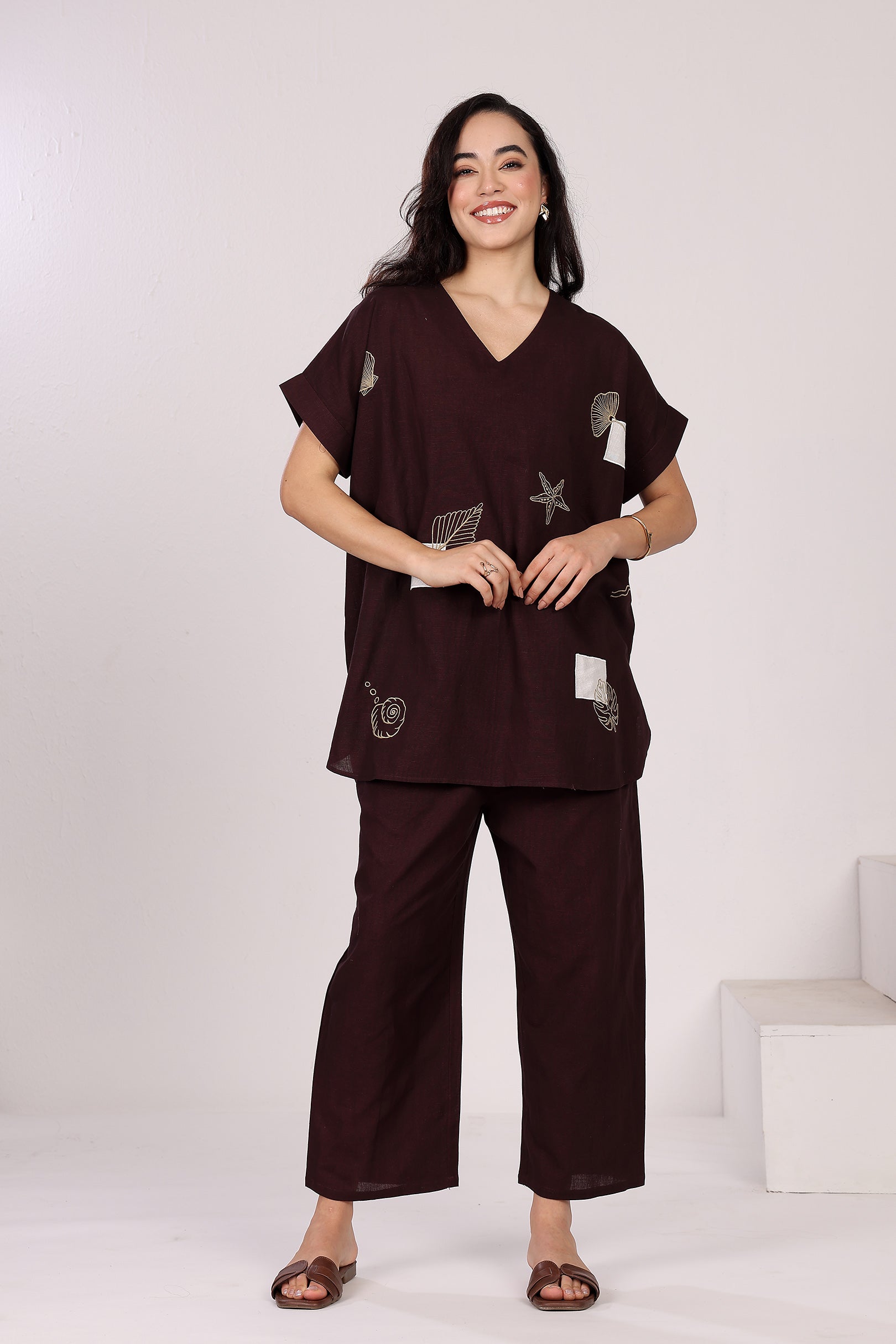 Mocha Brown V Neck Drop Shoulder Embroidered Top In Linen