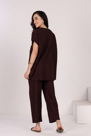 Mocha Brown V Neck Drop Shoulder Embroidered Top In Linen